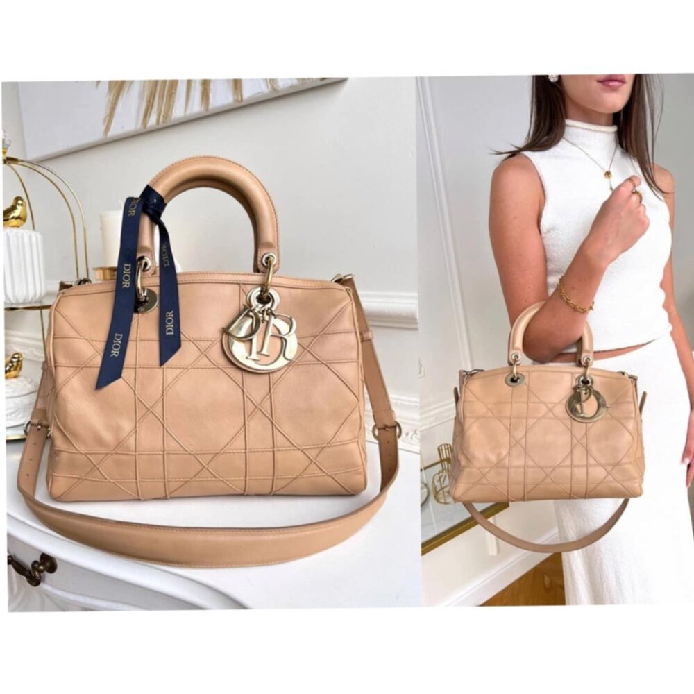 Authentic Christian Dior Cannage Granville Beige Leather Shoulder Bag B0818